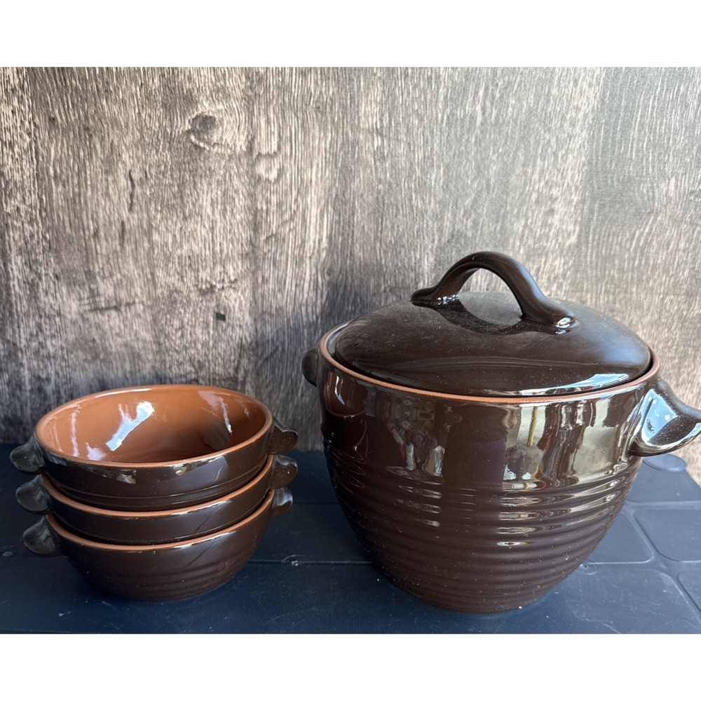 World Market Soup Crock Pot With Lid BowlsEarthenware Two Tone Brown Terra Cotta